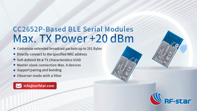 RF-star, CC2652P Yüksek Güçlü BLE Modülleri RF-BM-2652P2/P2I için Bluetooth UART Protokolünü Başlattı